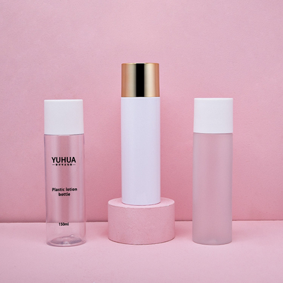 as garrafas do empacotamento 150ml plástico gearam a cor personalizada clara com o tampão dourado de Alu