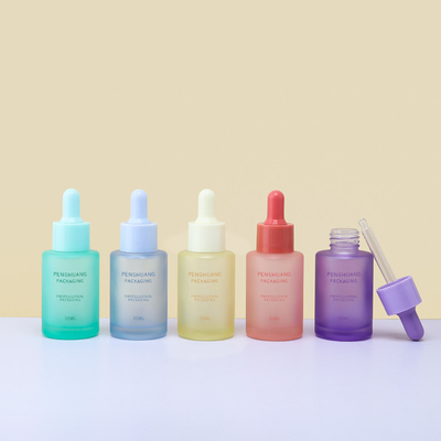 O conta-gotas de vidro de empacotamento geado do óleo essencial do cosmético de vidro colorido da garrafa do soro engarrafa 30ml