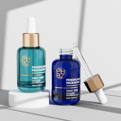30 ml de frascos redondos de vidro com gotas de soro para óleo essencial de cuidados com o cabelo
