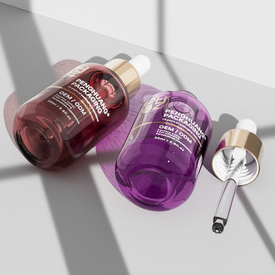 30 ml de frascos redondos de vidro com gotas de soro para óleo essencial de cuidados com o cabelo