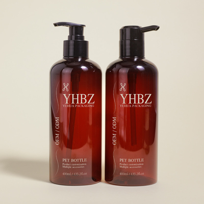 Bom preço. 400 ml PET plástico plástico Shampoo e Conditioner garrafas redondas loção âmbar garrafa de bomba on-line