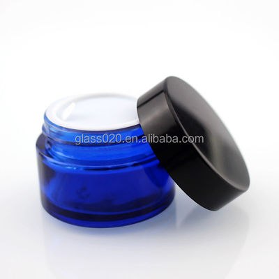 Frascos de vidro do creme 30g azul vazio luxuosos para o cosmético com tampa