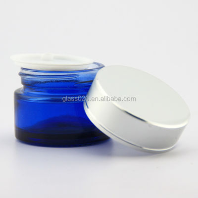 Frascos de vidro do creme 30g azul vazio luxuosos para o cosmético com tampa