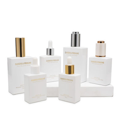 O conta-gotas do soro de MSDS engarrafa as garrafas de vidro brancas do resíduo metálico quadrado do resíduo metálico 30ml 50ml 100ml da forma