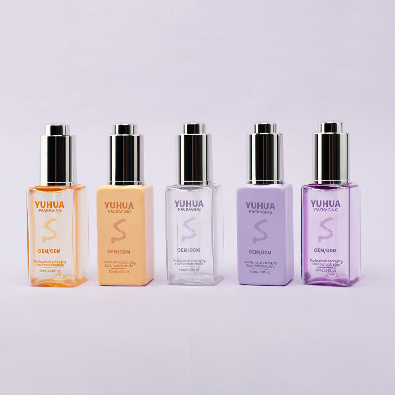 Garrafas quadradas para gotejar soro com tela de seda/estampagem a quente/impressão de rótulos em verde claro, azul ou branco