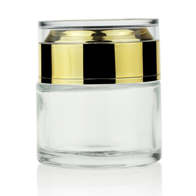Frasco branco alto do creme do vidro 50g geado com a tampa acrílica luxuosa do ouro