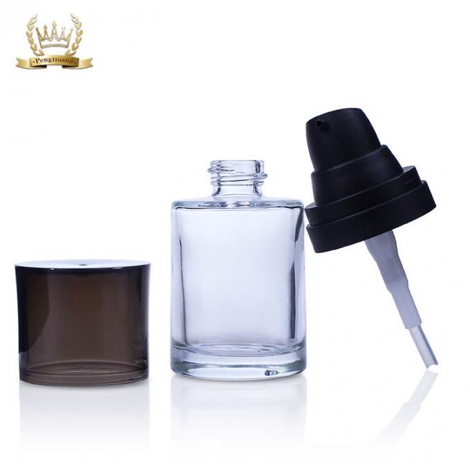 garrafa cosmética quadrada clara luxuosa do pulverizador da bomba do soro da loção da garrafa de vidro da fundação 30ml com tampa preta