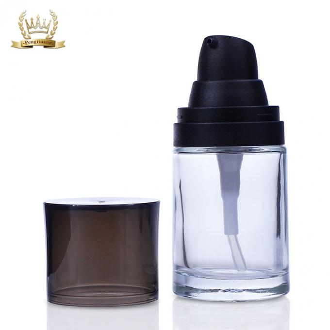 garrafa cosmética quadrada clara luxuosa do pulverizador da bomba do soro da loção da garrafa de vidro da fundação 30ml com tampa preta