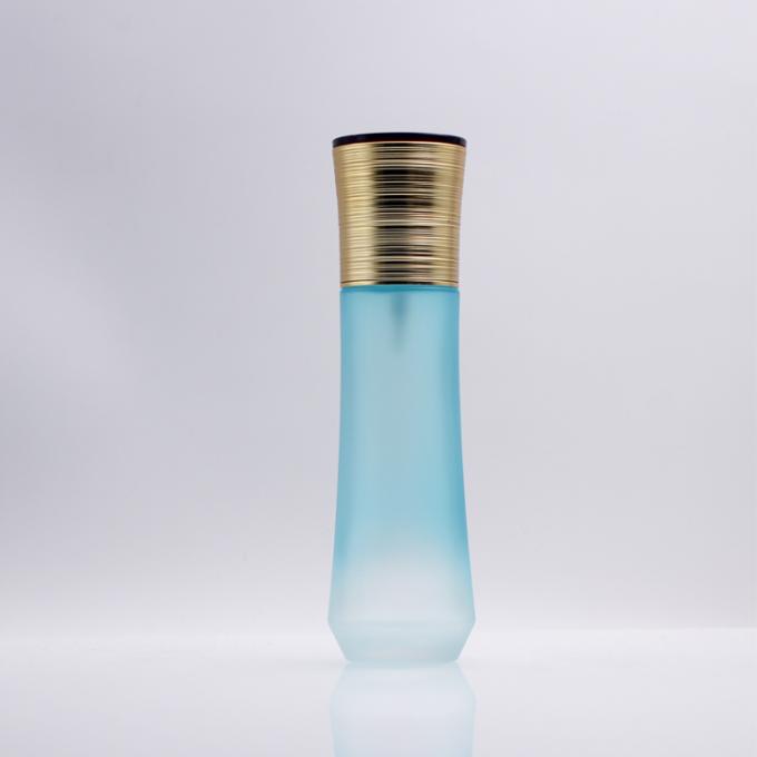 Garrafas cosméticas de vidro vazias azuis de pintura da loção 100ml da bomba com a venda por atacado do tampão do ouro para cuidados com a pele
