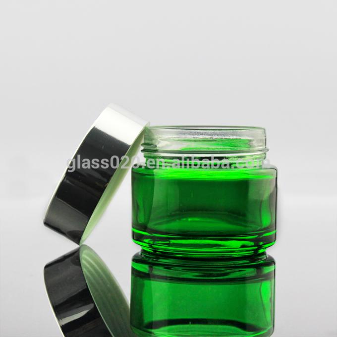 Por atacado frasco 5 10 15 20 30 50 100g de creme cosmético de vidro verde vazio com tampa de prata
