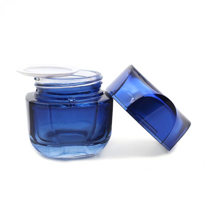 Grupo de vidro de venda quente do frasco do frasco cosmético azul vazio luxuoso de alta qualidade do quadrado 50g